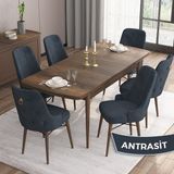 Canisa Concept Are Serisi, Mdf 80X132 Açılabilir Barok Ahşap Desen Mutfak Masa Takımı, 6 Sandalye Gold Halkalı - Antrasit