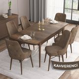 Canisa Concept Are Serisi, Mdf 80X132 Açılabilir Barok Ahşap Desen Mutfak Masa Takımı, 6 Sandalye Gold Halkalı - Kahverengi