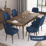Canisa Concept Are Serisi, Mdf 80X132 Açılabilir Barok Ahşap Desen Mutfak Masa Takımı, 6 Sandalye Gold Halkalı - Lacivert