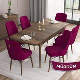 Canisa Concept Are Serisi, Mdf 80X132 Açılabilir Barok Ahşap Desen Mutfak Masa Takımı, 6 Sandalye Gold Halkalı - Mürdüm