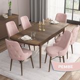 Canisa Concept Are Serisi, Mdf 80X132 Açılabilir Barok Ahşap Desen Mutfak Masa Takımı, 6 Sandalye Gold Halkalı - Pembe