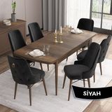 Canisa Concept Are Serisi, Mdf 80X132 Açılabilir Barok Ahşap Desen Mutfak Masa Takımı, 6 Sandalye Gold Halkalı - Siyah