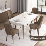 Canisa Concept Are Serisi, Mdf 80X132 Açılabilir Beyaz Masa Ceviz Ayak Mutfak Masası Takımı, 4 Sandalye Gümüş Halkalı - Kahverengi