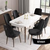 Canisa Concept Are Serisi, Mdf 80X132 Açılabilir Beyaz Masa Ceviz Ayak Mutfak Masası Takımı, 6 Sandalye Gümüş Halkalı - Siyah