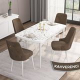 Canisa Concept Are Serisi, Mdf 80X132 Açılabilir Beyaz Mermer Desen Mutfak Masa Takımı, 4 Sandalye Gold Halkalı - Kahverengi