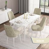 Canisa Concept Are Serisi, Mdf 80X132 Açılabilir Beyaz Mermer Desen Mutfak Masa Takımı, 4 Sandalye Gold Halkalı - Krem