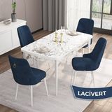 Canisa Concept Are Serisi, Mdf 80X132 Açılabilir Beyaz Mermer Desen Mutfak Masa Takımı, 4 Sandalye Gold Halkalı - Lacivert