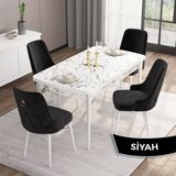 Canisa Concept Are Serisi, Mdf 80X132 Açılabilir Beyaz Mermer Desen Mutfak Masa Takımı, 4 Sandalye Gold Halkalı - Siyah