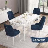 Canisa Concept Are Serisi, Mdf 80X132 Açılabilir Beyaz Mermer Desen Yemek Odası Takımı, 4 Sandalye Gümüş Halkalı - Lacivert