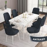 Canisa Concept Are Serisi, Mdf 80X132 Açılabilir Beyaz Mermer Desen Yemek Odası Takımı, 6 Sandalye Gold Halkalı - Antrasit
