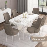 Canisa Concept Are Serisi, Mdf 80X132 Açılabilir Beyaz Mermer Desen Yemek Odası Takımı, 6 Sandalye Gold Halkalı - Cappuccino