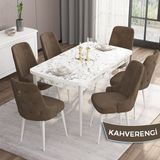 Canisa Concept Are Serisi, Mdf 80X132 Açılabilir Beyaz Mermer Desen Yemek Odası Takımı, 6 Sandalye Gold Halkalı - Kahverengi