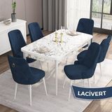 Canisa Concept Are Serisi, Mdf 80X132 Açılabilir Beyaz Mermer Desen Yemek Odası Takımı, 6 Sandalye Gold Halkalı - Lacivert