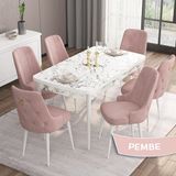 Canisa Concept Are Serisi, Mdf 80X132 Açılabilir Beyaz Mermer Desen Yemek Odası Takımı, 6 Sandalye Gold Halkalı - Pembe