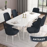 Canisa Concept Are Serisi, Mdf 80X132 Açılabilir Beyaz Mutfak Masa Takımı, 6 Sandalye Gold Halkalı - Antrasit