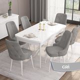 Canisa Concept Are Serisi, Mdf 80X132 Açılabilir Beyaz Mutfak Masa Takımı, 6 Sandalye Gold Halkalı - Gri