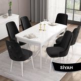 Canisa Concept Are Serisi, Mdf 80X132 Açılabilir Beyaz Mutfak Masa Takımı, 6 Sandalye Gümüş Halkalı - Siyah