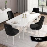 Canisa Concept Are Serisi, Mdf 80X132 Açılabilir Beyaz Yemek Odası Takımı, 4 Sandalye Gümüş Halkalı - Siyah
