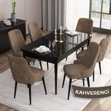 Canisa Concept Are Serisi, Mdf 80X132 Açılabilir Siyah Mermer Desen Mutfak Masa Takımı, 6 Sandalye Gold Halkalı - Kahverengi