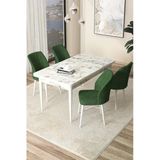 Canisa Concept Arp Serisi 70X110 Sabit Mutfak Masası Takımı Beyaz Mermer Desen Masa 4 Haki Yeşil Sandalye