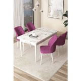 Canisa Concept Arp Serisi 70X110 Sabit Mutfak Masası Takımı Beyaz Mermer Desen Masa 4 Mor Sandalye
