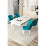 Canisa Concept Arp Serisi 70X110 Sabit Mutfak Masası Takımı Beyaz Mermer Desen Masa 4 Turkuaz Sandalye