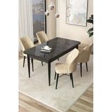 Canisa Concept Arp Serisi 70X110 Sabit Mutfak Masası Takımı Siyah Mermer Desen Masa 4 Krem Sandalye