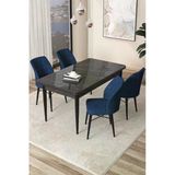Canisa Concept Arp Serisi 70X110 Sabit Mutfak Masası Takımı Siyah Mermer Desen Masa 4 Lacivert Sandalye