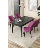 Canisa Concept Arp Serisi 70X110 Sabit Mutfak Masası Takımı Siyah Mermer Desen Masa 4 Mor Sandalye