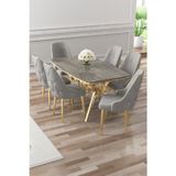 Canisa Concept Asel Serisi 90X160 Lak Panel Antrasit İroni Gold Kaplama Ayaklı Masa Takımı Ve 6 Gri Sandalye