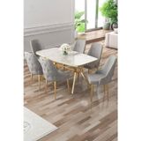 Canisa Concept Asel Serisi 90X160 Lak Panel Beyaz Mermer Desen Gold Kaplama Ayaklı Masa Takımı Ve 6 Gri Sandalye