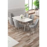 Canisa Concept Asel Serisi 90X160 Lak Panel Beyaz Mermer Desen Krom Ayaklı Masa Takımı Ve 6 Gri Sandalye
