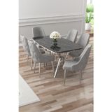Canisa Concept Asel Serisi 90X160 Lak Panel Siyah Mermer Desen Krom Detay Masa Takımı Ve 6 Gri Sandalye
