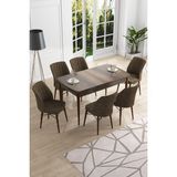 Canisa Concept Canisa Eva Serisi 80 x 132 cm Mdf Açılabilir Barok Ahşap Desen Mutfak Masa Takımı+6 Adet Sandalye - Kahverengi