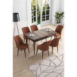 Canisa Concept Canisa Eva Serisi 80 x 132 cm Mdf Açılabilir Barok Ahşap Desen Mutfak Masa Takımı+6 Adet Sandalye - Kiremit