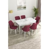 Canisa Concept Canisa Eva Serisi 80 x 132 cm Mdf Açılabilir Beyaz Mermer Desen Mutfak Masa Takımı + 6 Adet Sandalye - Bordo