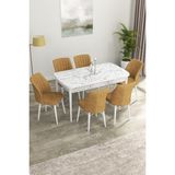 Canisa Concept Canisa Eva Serisi 80 x 132 cm Mdf Açılabilir Beyaz Mermer Desen Mutfak Masa Takımı + 6 Adet Sandalye - Cappuccino