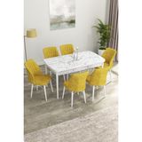 Canisa Concept Canisa Eva Serisi 80 x 132 cm Mdf Açılabilir Beyaz Mermer Desen Mutfak Masa Takımı + 6 Adet Sandalye - Hardal