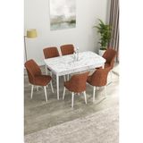 Canisa Concept Canisa Eva Serisi 80 x 132 cm Mdf Açılabilir Beyaz Mermer Desen Mutfak Masa Takımı + 6 Adet Sandalye - Kiremit