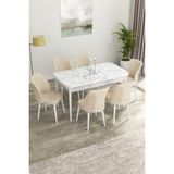 Canisa Concept Canisa Eva Serisi 80 x 132 cm Mdf Açılabilir Beyaz Mermer Desen Mutfak Masa Takımı + 6 Adet Sandalye - Krem