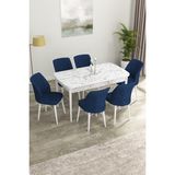 Canisa Concept Canisa Eva Serisi 80 x 132 cm Mdf Açılabilir Beyaz Mermer Desen Mutfak Masa Takımı + 6 Adet Sandalye - Lacivert