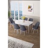 Canisa Concept Canisa Zen Serisi Açılabilir Mdf Beyaz Mermer Desen Mutfak Masa Takımı+6 Adet Sandalye (80 x 132 Cm) - Füme