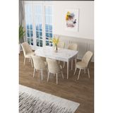 Canisa Concept Canisa Zen Serisi Açılabilir Mdf Beyaz Mermer Desen Mutfak Masa Takımı+6 Adet Sandalye (80 x 132 Cm) - Krem