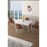 Canisa Concept Canisa Zen Serisi Mdf Açılabilir Beyaz Mermer Desenli Mutfak Masası Takımı+4 Kiremit Sandalye