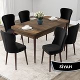 Canisa Concept Due Serisi 80x132 cm Açılabilir Barok Ahşap Desen 6 Sandalye Siyah Mutfak Masası Takımı