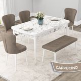 Canisa Concept Due Serisi 80x132 cm Açılabilir Beyaz Mermer Desen 4 Sandalye 1 Bench Cappuccino Mutfak Masası Takımı