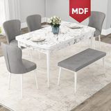Canisa Concept Due Serisi 80x132 cm Açılabilir Beyaz Mermer Desen 4 Sandalye 1 Bench Gri Mutfak Masası Takımı