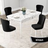 Canisa Concept Due Serisi 80x132 cm Açılabilir Beyaz Mermer Desen 4 Sandalye Siyah Mutfak Masası Takımı