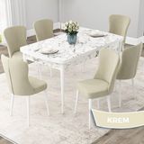Canisa Concept Due Serisi 80x132 cm Açılabilir Beyaz Mermer Desen 6 Sandalye Krem Mutfak Masası Takımı