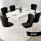 Canisa Concept Due Serisi 80x132 cm Açılabilir Beyaz Mermer Desen 6 Sandalye Siyah Mutfak Masası Takımı